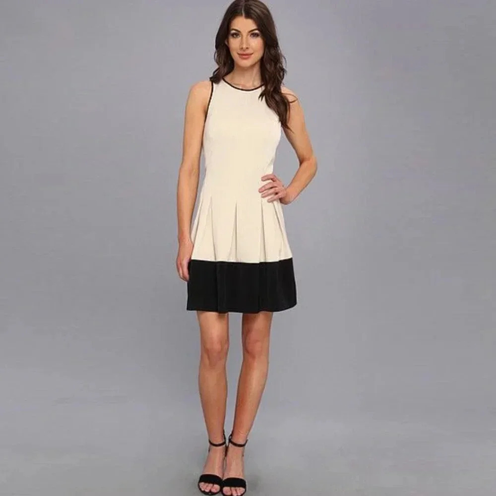Kensie Cream and Black Pleated Mini Dress